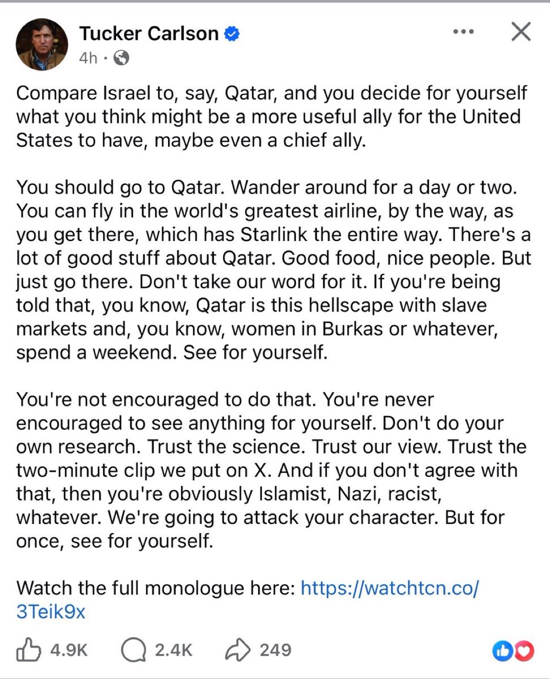 Tucker Carlson Promotes Qatar on Facebook